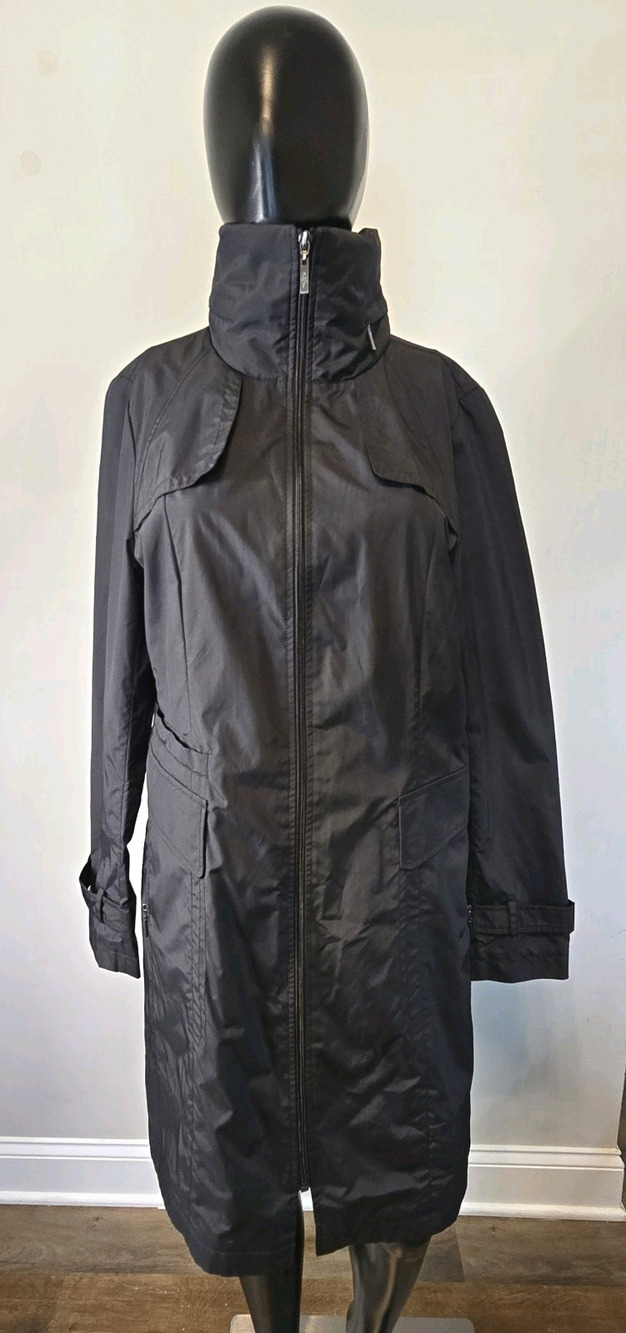 Cole Haan Women's Long Black Rain Jacket Trench Coat Stowaway Hood Size M